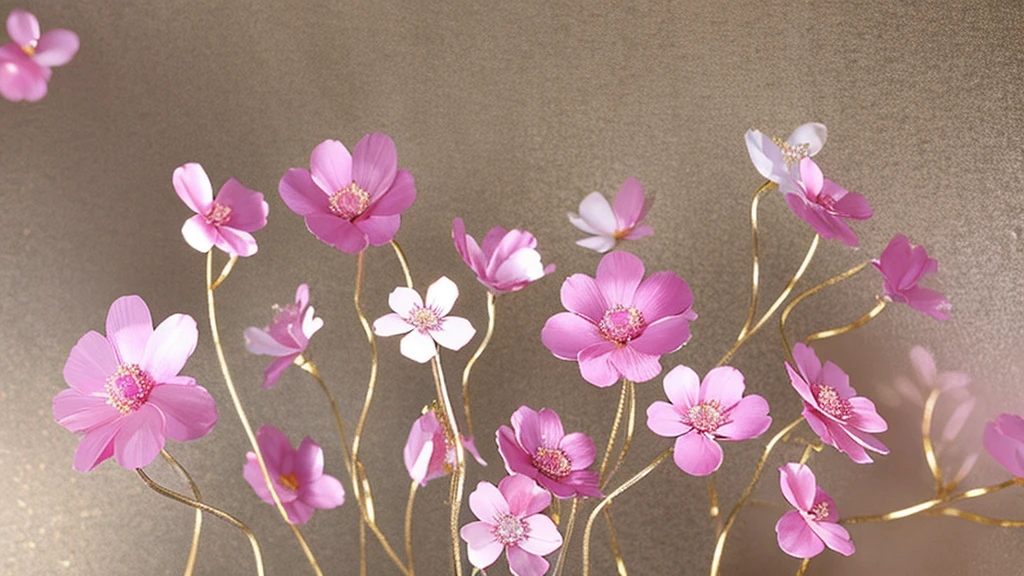 transparent flowers, pink transparent flower with gold edges. a transparent silk ribbon in gold shade Background light gray blurry realism and fantasy.