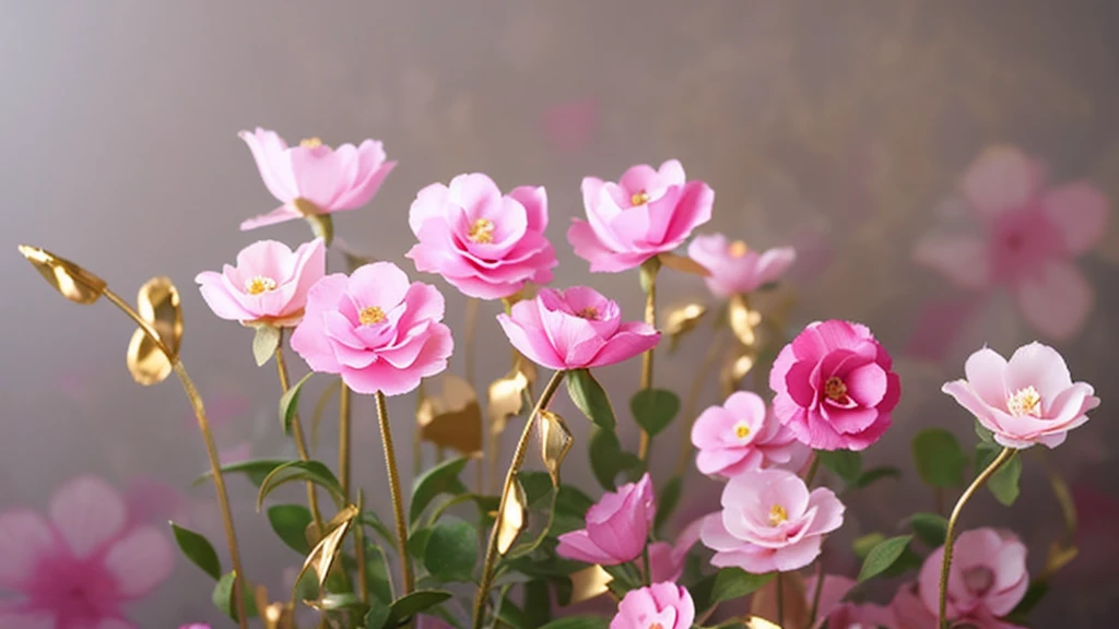transparent flowers, pink transparent flower with gold edges. a transparent silk ribbon in gold shade Background light gray blurry realism and fantasy.