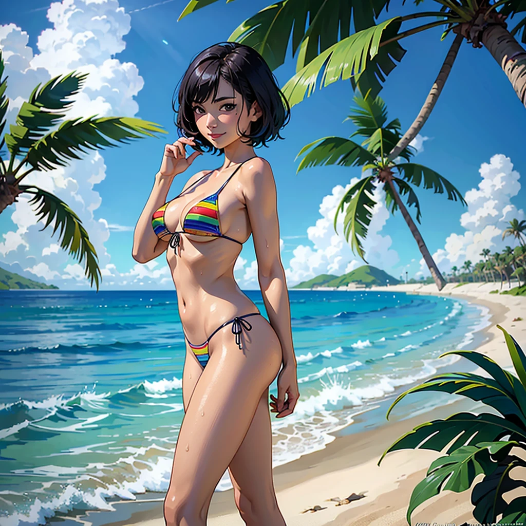 ((highest quality, masterpiece, High resolution)), ((reality)),Photos of beautiful Japanese women,((anime art))、 (((1 girl))), normal size breasts, slim body shape, medium short hair, double eyelid, Wet see-through micro bikini, A pareo with bold ethnic patterns and plenty of primary colors、realistic skin、Wet,whole body,cinematic light、tropical、Against the background of palm trees on both sides、on a sunny beach、With the sea in the background、blur background、smile