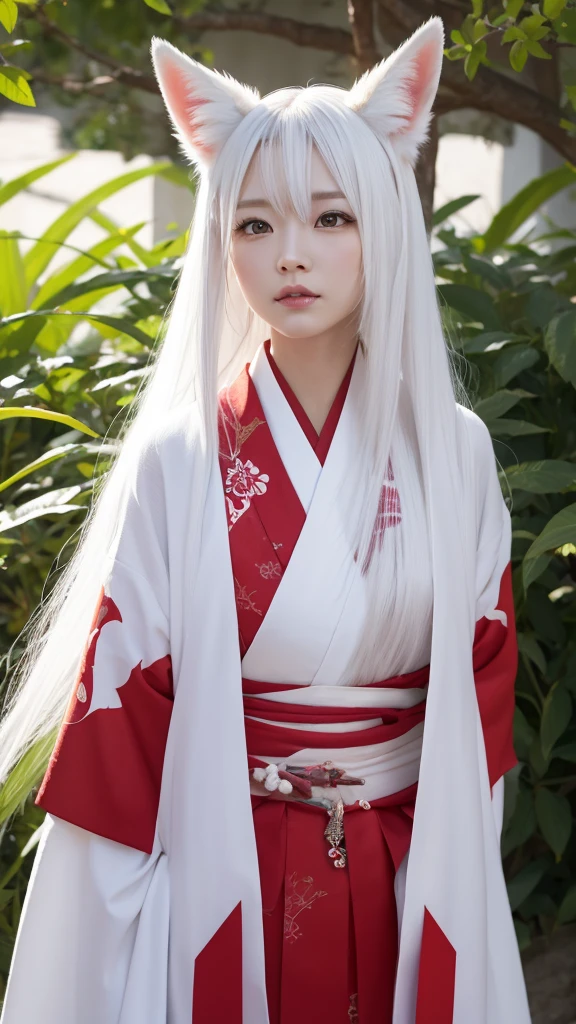 White Demon Fox、Nine-tailed Fox、Japanese women、kimono、Fair skin、Red lines on face、8K、I have long hair