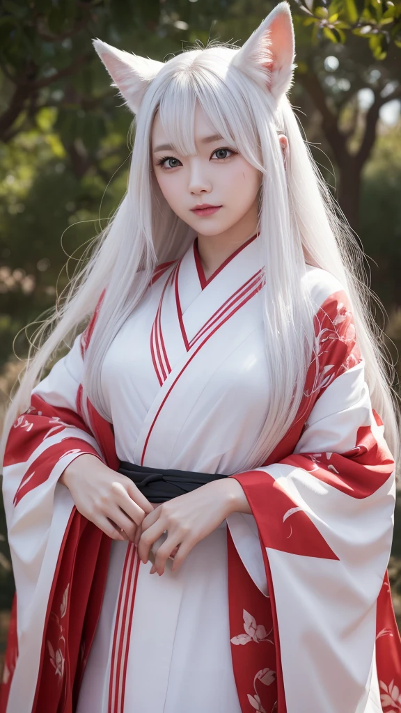 White Demon Fox、Nine-tailed Fox、Japanese women、kimono、Fair skin、Red lines on face、8K、I have long hair