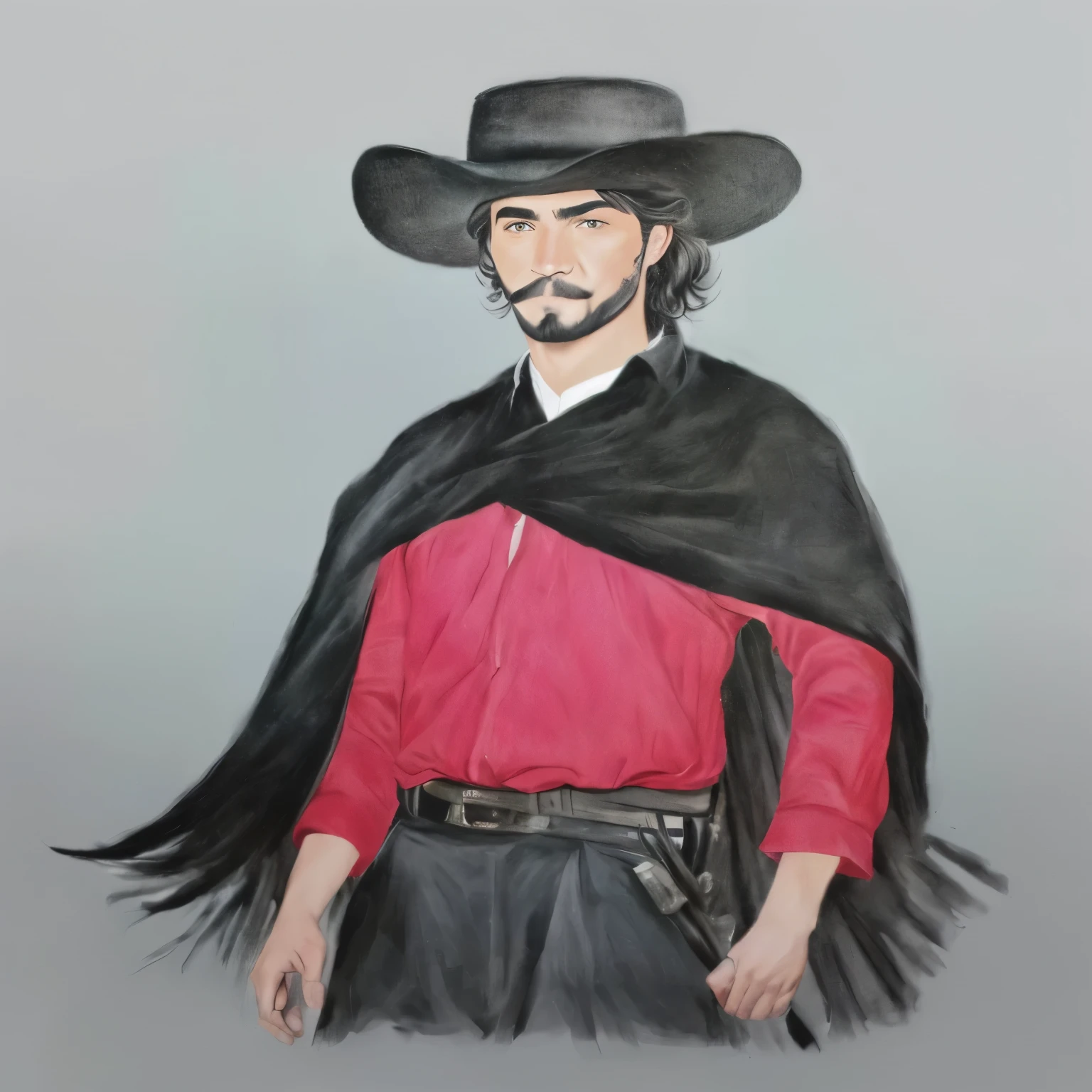 um desenho de um homem com um chapéu de preto native gaucho e uma camisa rosa, inspired by Germán Londoño, inspired by Agustín Fernández, inspired by Toros Roslin, inspired by Alonso Vázquez, inspired by Pedro Álvarez Castelló, a portrait of the character, native gaucho
