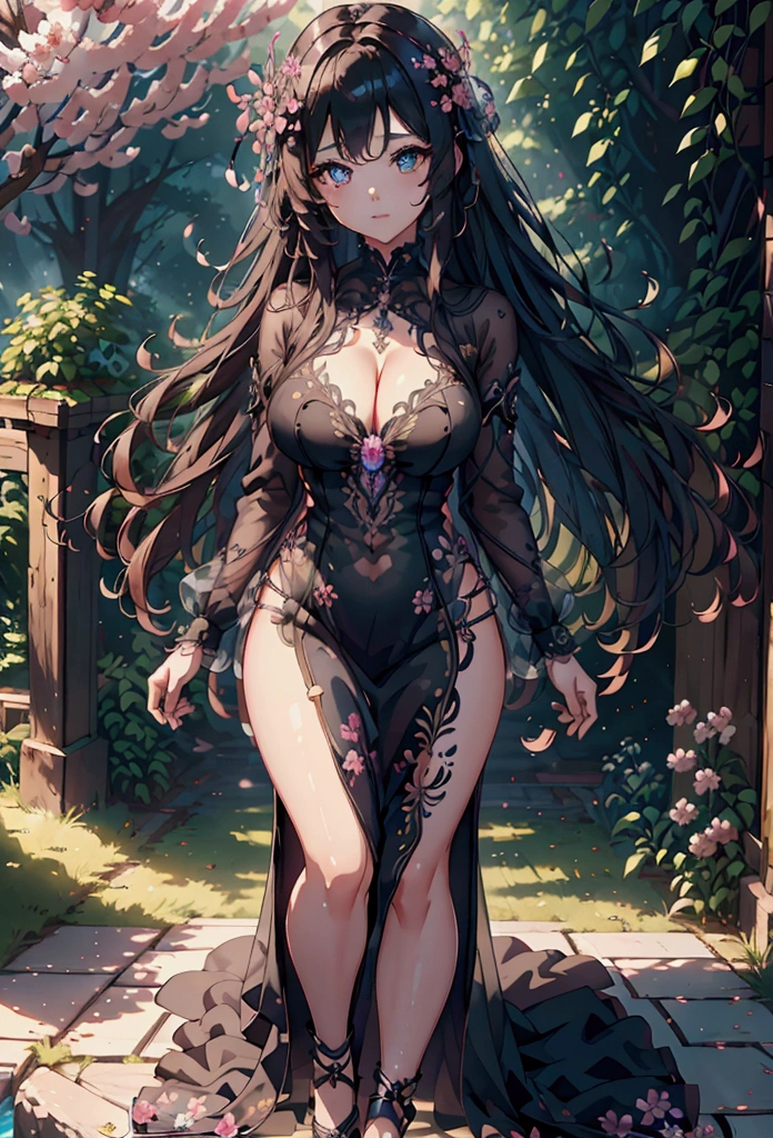 {{{masterpiece}, }}, {extremely detailed CG unity 8k wallpaper}, Amazing, finely detail, solo, {{floating hair}, }, {{Sakura}, }, outdoors, sky, {{wind}, }, detailed background, beautiful detailed eyes, see-through:evening dress:0.3, cleavage, bright pupils, {{full body}, }, dynamic pose, dynamic angle, cleavage, looking at viewer, detailed clothes, cinematic lighting, close-up, best quality