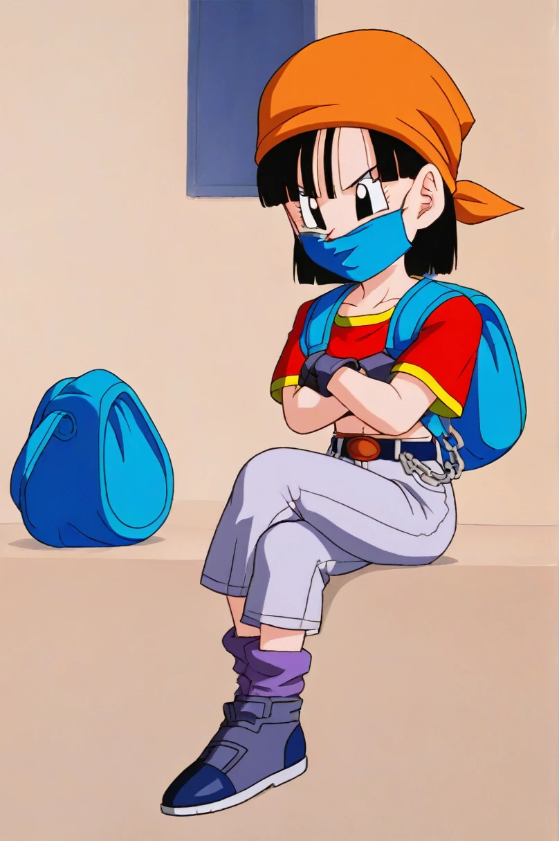 source_anime, score_9, score_8_up, score_7_up, anime screencap,8k, absurd res,
pan \(dragon ball\), 1girl, solo, looking at viewer, short hair, bangs, black hair, sitting, full body, short sleeves, sneakers, black gloves, gold trim, loose socks, belt, blue bag, black footwear, black eyes, chain, crossed arms, crossed legs, backpack, denim, red shirt, orange bandana, retro artstyle, female , grey pants, fanny pack, purple legwear, shoe soles, v-shaped eyebrows, from below, rock, midriff, collarbone, 1990s \(style\)
anime coloring, white cloth gag, panic expression, struggling, white cloth blindfold over eyes, timebomb in background, white blindfolded, extreme panic expression,