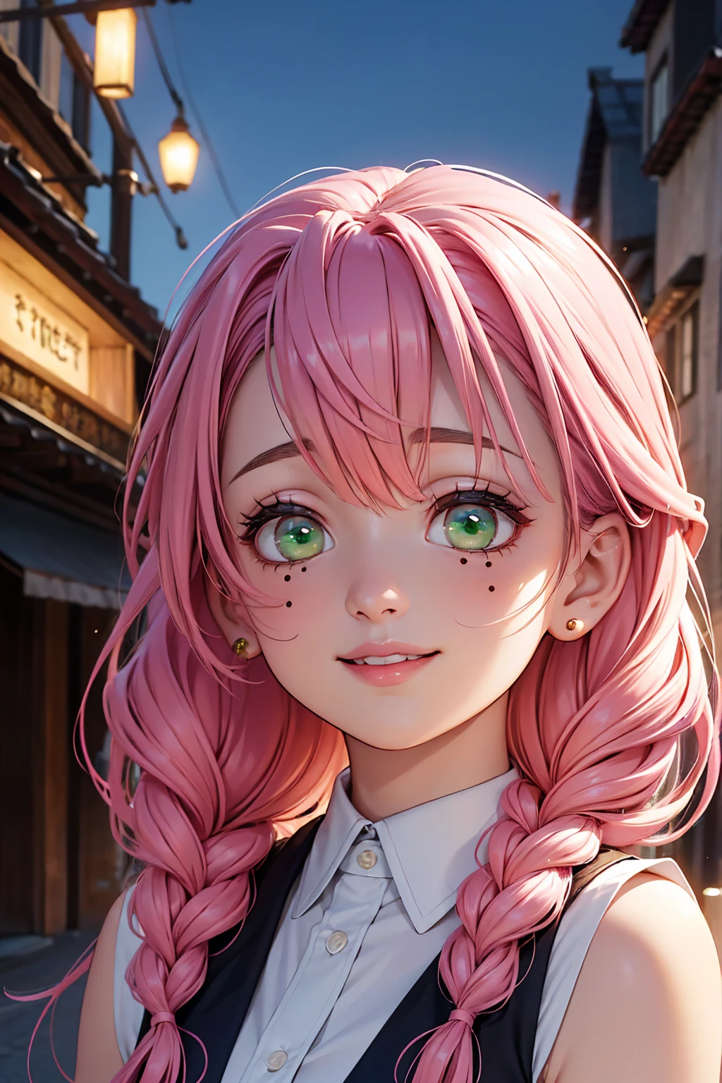 High details:1.5, high resolution, Natural strokes and colors, natural lighting, face detailed, detailed hair, eye detailed, detailed nose, detailed lips, detailed hands. an adult and beautiful girl:1.9, wearing a sleeveless blouse, pink lips, looking up, city at night, long pink hair with green highlights, with a beautiful smile mitsuri.