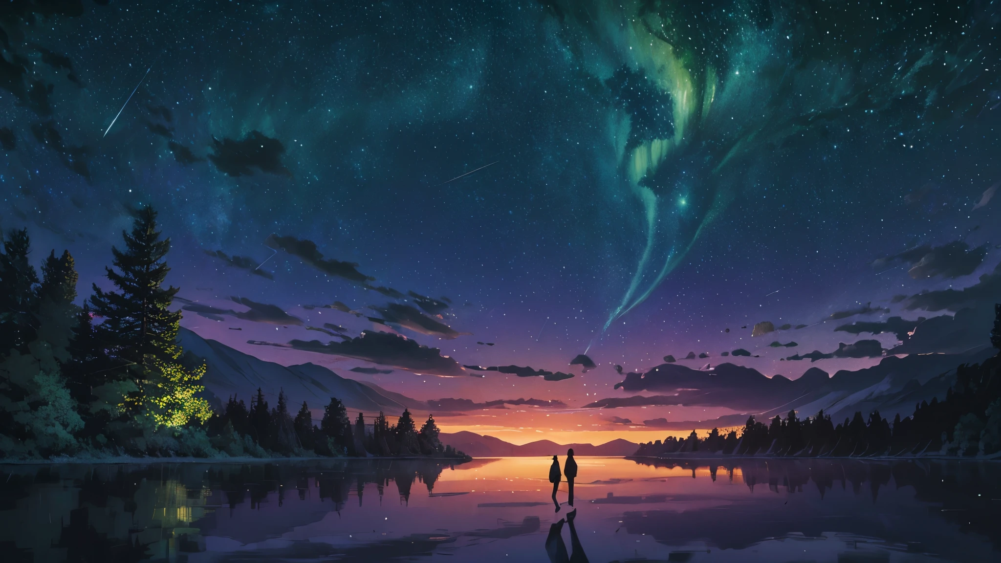 "Night forest where trees have trunks that shine like stars and leaves that change color according to the moonlight. A central clearing reveals a lake reflecting a starry sky where constellations move and change. Creatures such as giant fireflies and star butterflies float across the scene, while a great shooting star lights up the sky. Smooth and ethereal animation style, with a palette of soft and nocturnal colors: dark blues, luminous greens and stellar pinks. . The atmosphere is magical and dreamy."