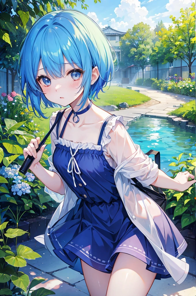 Girl、Blue hair short、Summer clothes、Embarrassed