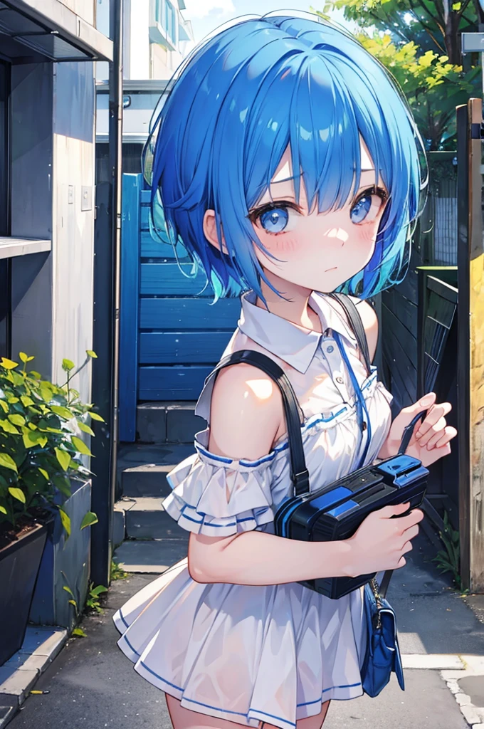 Girl、Blue hair short、Summer clothes、Embarrassed