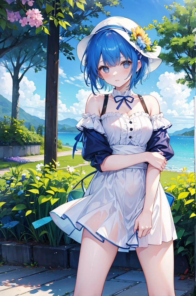 Girl、Blue hair short、Summer clothes、Embarrassed