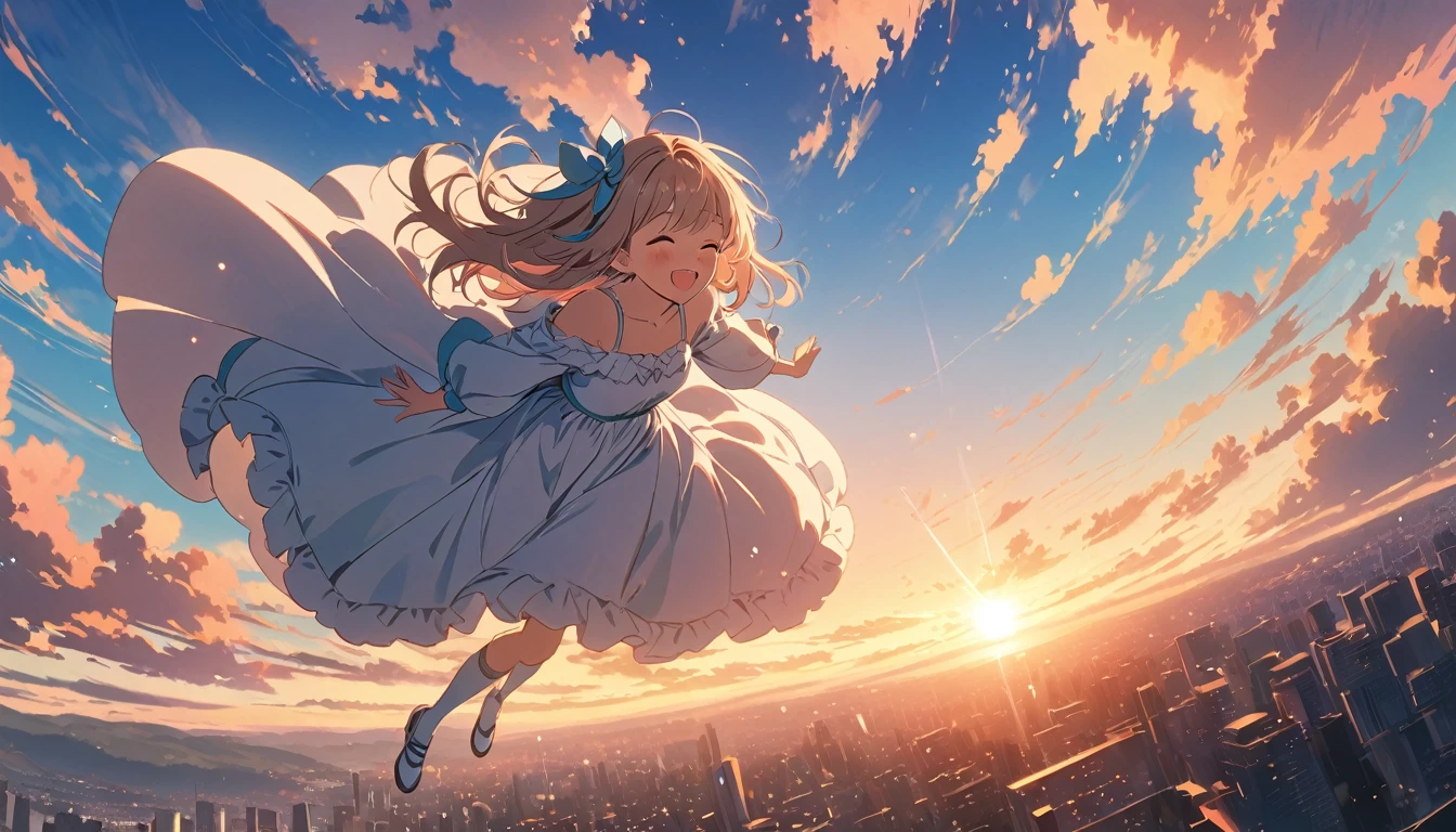 masterpiece, best quality, movie stills, 1 girl, cloud girl, floating in the sky, closure, bright, happy, Warm and soft lighting, Sunset, (spark:0.7)