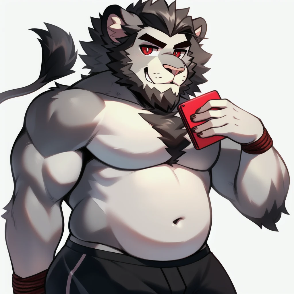 (Masterpiece: 1.2, highest quality), (intricate details), male, 1 boy, Solo, Upper body, Casual, (short hair), lion, (hair, snout), small round lion ears, light pink nose, crooked mouth, smiling, detailed face, (large cartoon eyes, perfectly circular eyes), red pupils, detailed fluffy fur, (((short super straight swept-back hair, short jagged pointy hair, short slicked back hair, extremely short beard, curly beard, frizzy goatee, widows peak))), ((((short hair tied low, scruffy side-locks, lovelocks under ears)))), relaxed body, digital art, natural lighting, sweaty, soft muscular arms, soft perfectly-round chubby torso, (((soft body, tall pecs, tall pectorals, short abdominal region, perfectly round chest, wide body))), white stomach, beard, ((short dark grey hair, short dark hair, thick jagged eyebrows, light grey body, gray body)), pale underbelly, white counter-shaded torso and mouth, throbbing, (((white background))), (black faded ashen boxerbriefs, monochrome black trunks), baby blue towel on his shoulder, holding red phone, lion tail, (low-set bellybutton, tall navel)