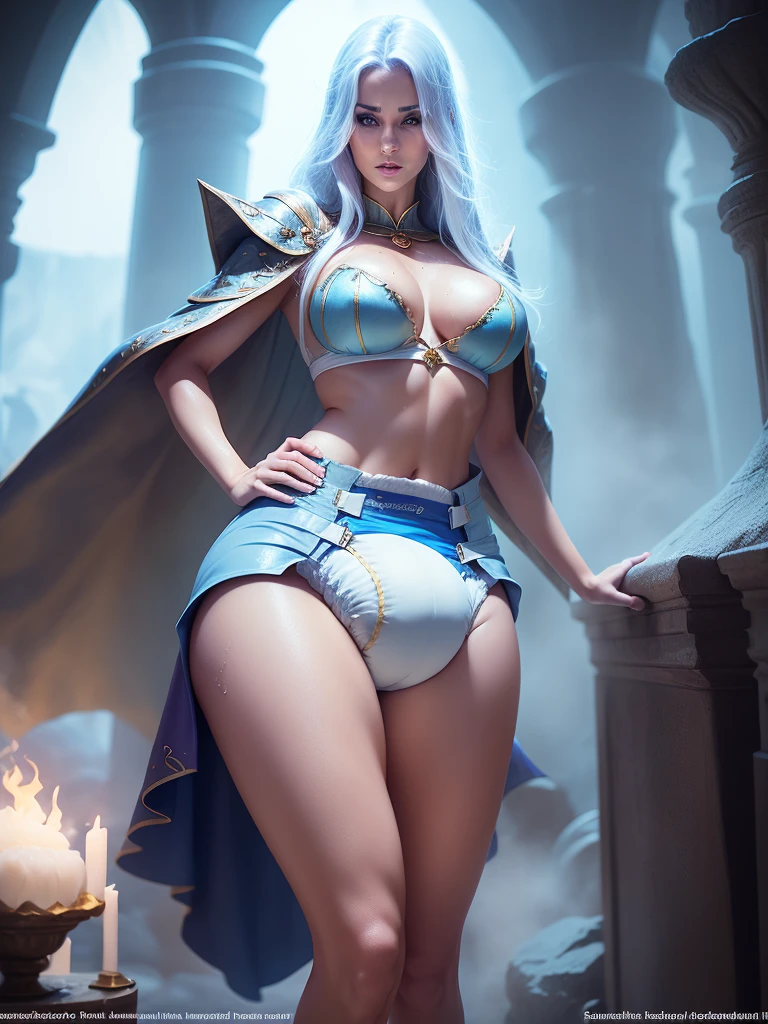 A sexy sorceress woman wearing a (puffy diaper), ((wet diaper)), (((pee leak))), peeing, (slim hips, slim body, slim legs, seductive, flirty, magical fog, atmospheric, magical charms, magic spell, sorceress robe, magic aura