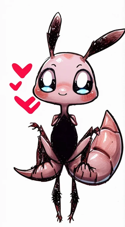 One ant、female、Personification、illustration、White background、simplified, cute,Heart symbol