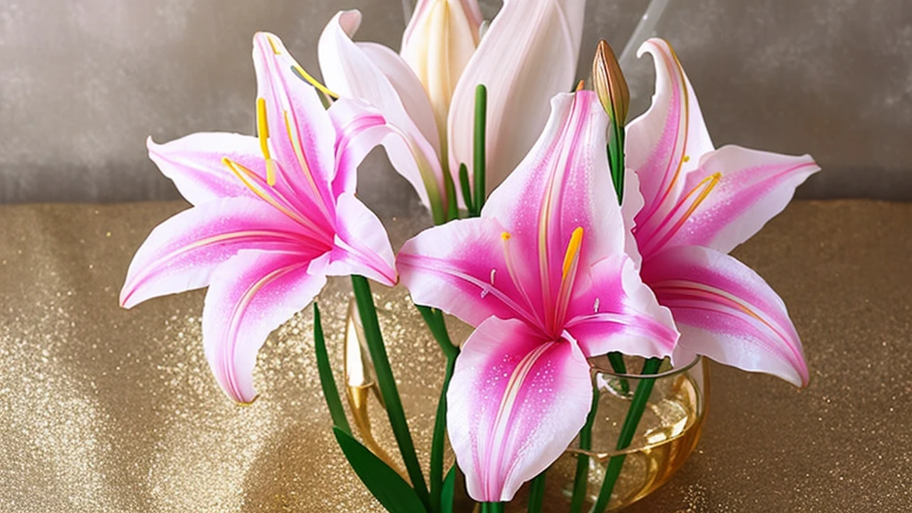 transparent lilies, pink transparent flower with gold edges. a transparent silk ribbon in gold shade Background light gray blurry realism and fantasy.