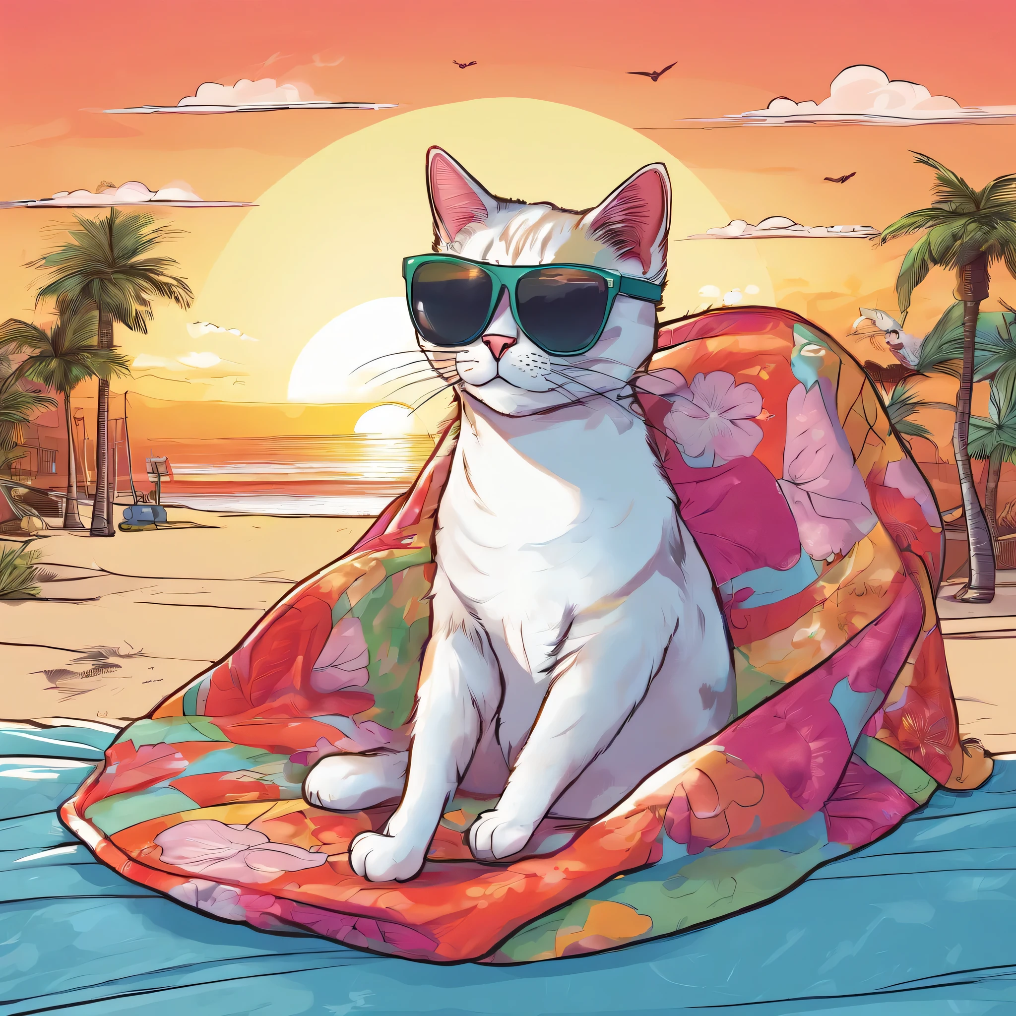 ((Cat wearing bathing suit and sunglasses)) laying a blanket on the beach, grand theft auto v loading screen art,