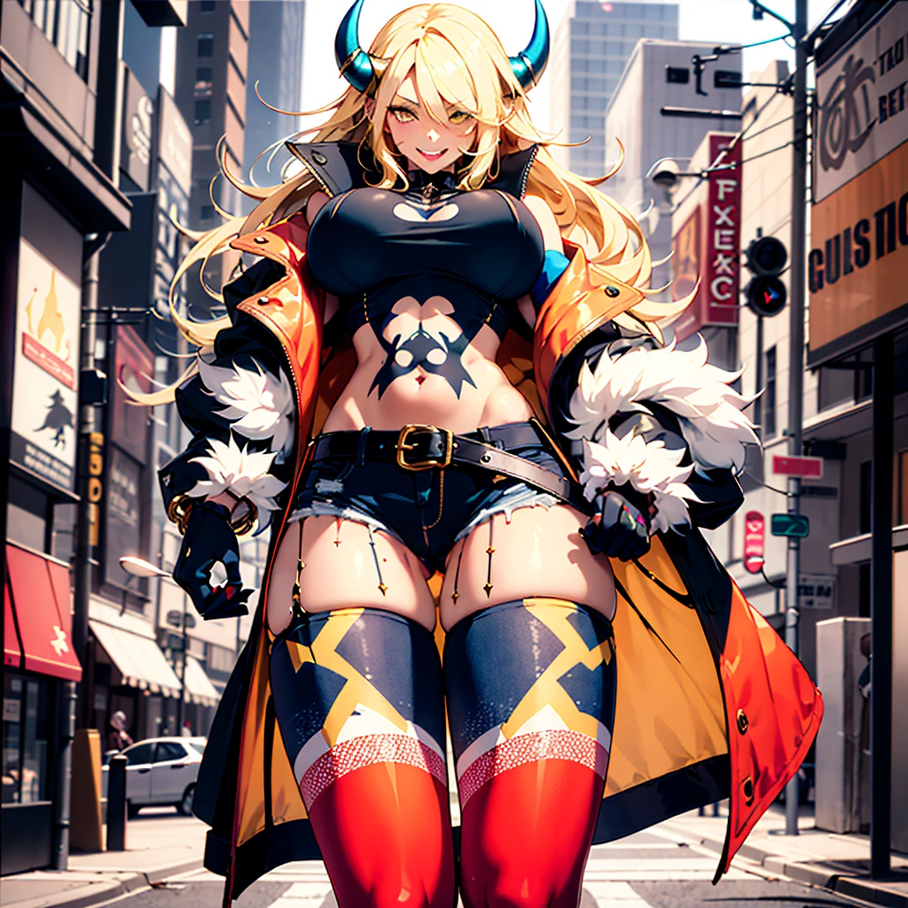 ((best quality)), ((masterpiece)), (detailed), 1girl, 8k_wallpaper, extremely detailed eyes, extremely detailed body, beautiful face, perfect face, detailed ((blonde hair)), (gold eyes), (( big blue horns)), {{dark skin}}, ({dark skinned female}), gigantic breasts, thick thighs, strong arm and leg muscles, strong abdominal muscles, Korean women pornstar, a predatory mischievous smile with fangs, a vulgar smile, a playful look, style - a hot rock girl, a dark red open jacket with rolled up sleeves, a belt of yellow silk and gold chains, gold bracelets and leather short gloves, short denim mini shorts through which the outlines of a wet woman appear pussy, a rock guitar hanging behind his back, walking down the street of the evening city,