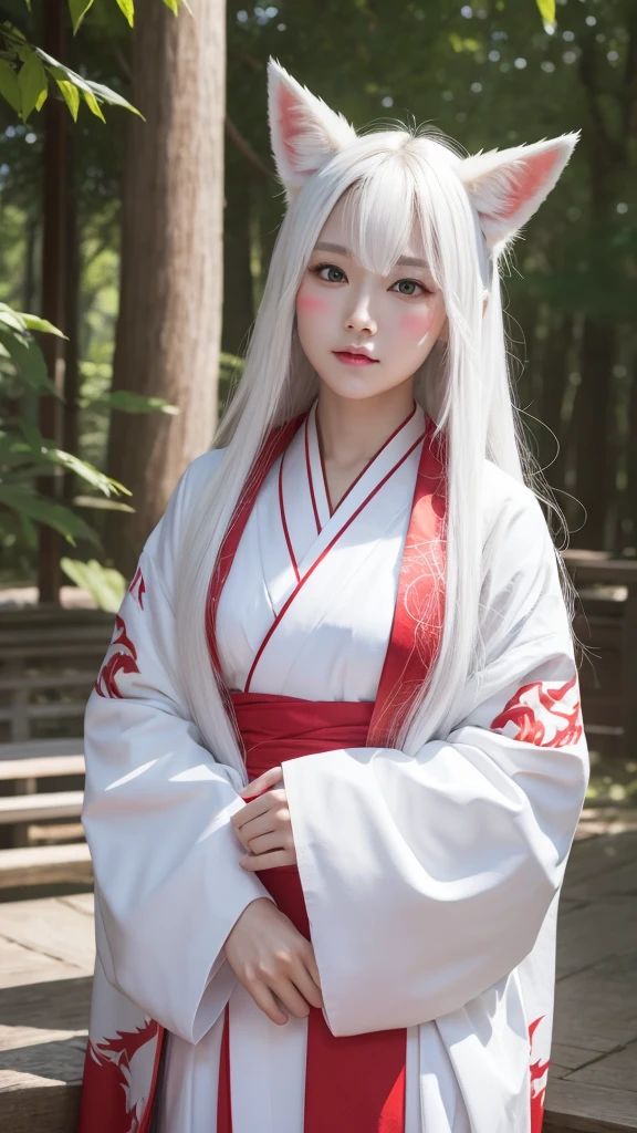 White Demon Fox、Nine-tailed Fox、Japanese women、kimono、Fair skin、Red lines on face、8K、I have long hair