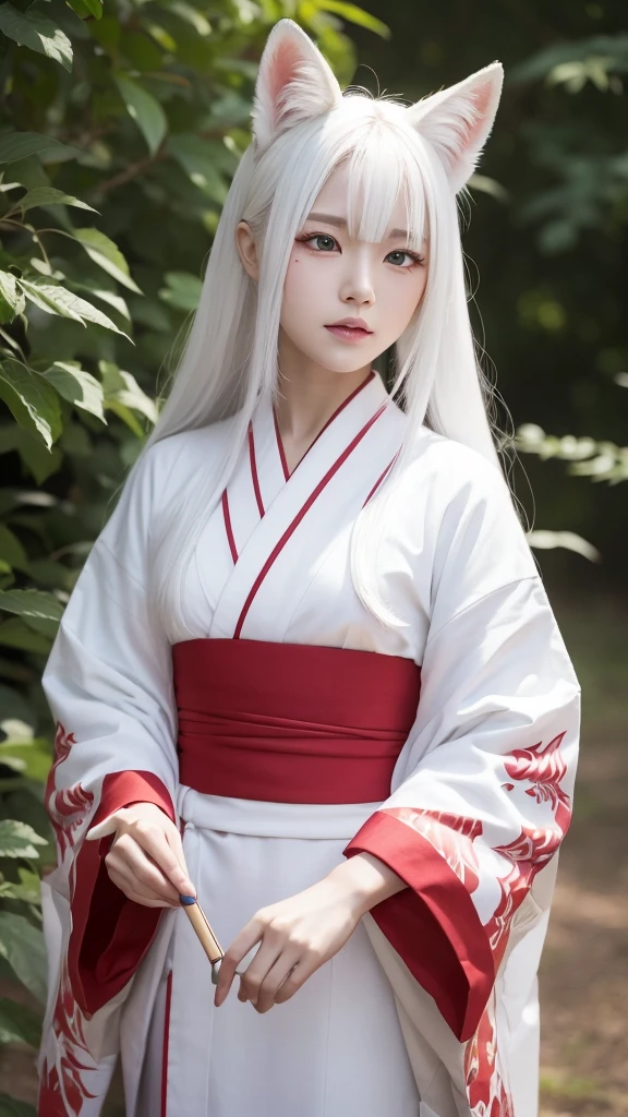 White Demon Fox、Nine-tailed Fox、Japanese women、kimono、Fair skin、Red lines on face、8K、I have long hair