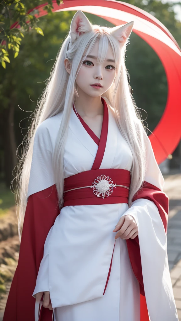 White Demon Fox、Nine-tailed Fox、Japanese women、kimono、Fair skin、Red lines on face、8K、I have long hair