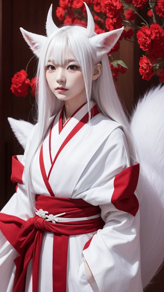 White Demon Fox、Nine-tailed Fox、Japanese women、kimono、Fair skin、Red lines on face、8K、I have long hair