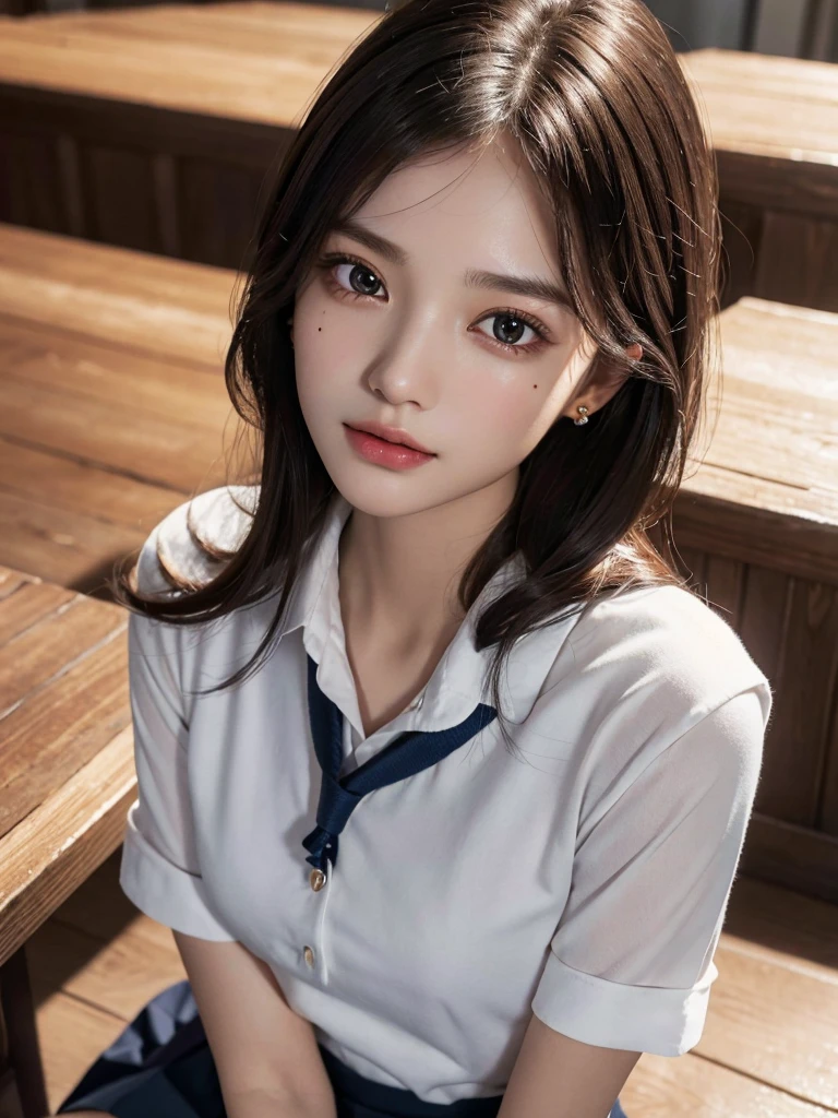 absurdres, RAW photo, extremely delicate and beautiful, masterpiece, Best Quality, ultra high resolution, 32k, hyperrealistic, ultra-detailed, perfect anatomy, super Detailed skin, perfect figure, Super Beauty, Perfect Style, Perfect balance, Beautiful Lighting, Perfect Lightning, Realistic Shadows, 20 years old, very Slim body, narrow waist, very small head, very small face, delicate facial features, handsome detailed woman, very detailed eyes and face, realistic face proportions, Realistic beautiful face, Realistic beautiful eyes, tearful mole, earring, very huge round breasts, medium hair, asymmetrical hair, ((full body shot)), indoor, short skirt, ((school uniform)),