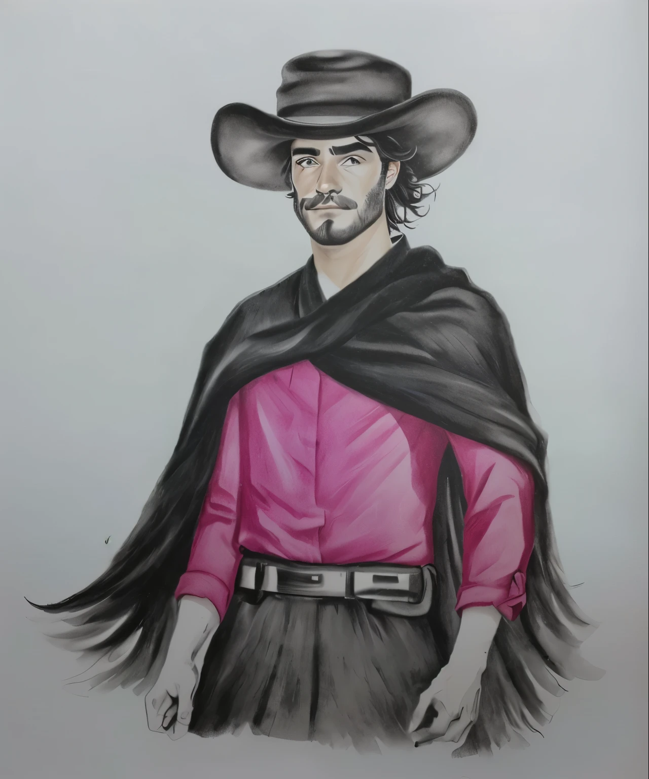 um desenho preto e branco de um homem com um chapéu de preto native gaucho e uma camisa Vermelha e pele clara inspirado em Germán Londoño, inspired by Agustín Fernández, inspired by Toros Roslin, inspired by Alonso Vázquez, inspired by Pedro Álvarez Castelló, a portrait of the character, native gaucho