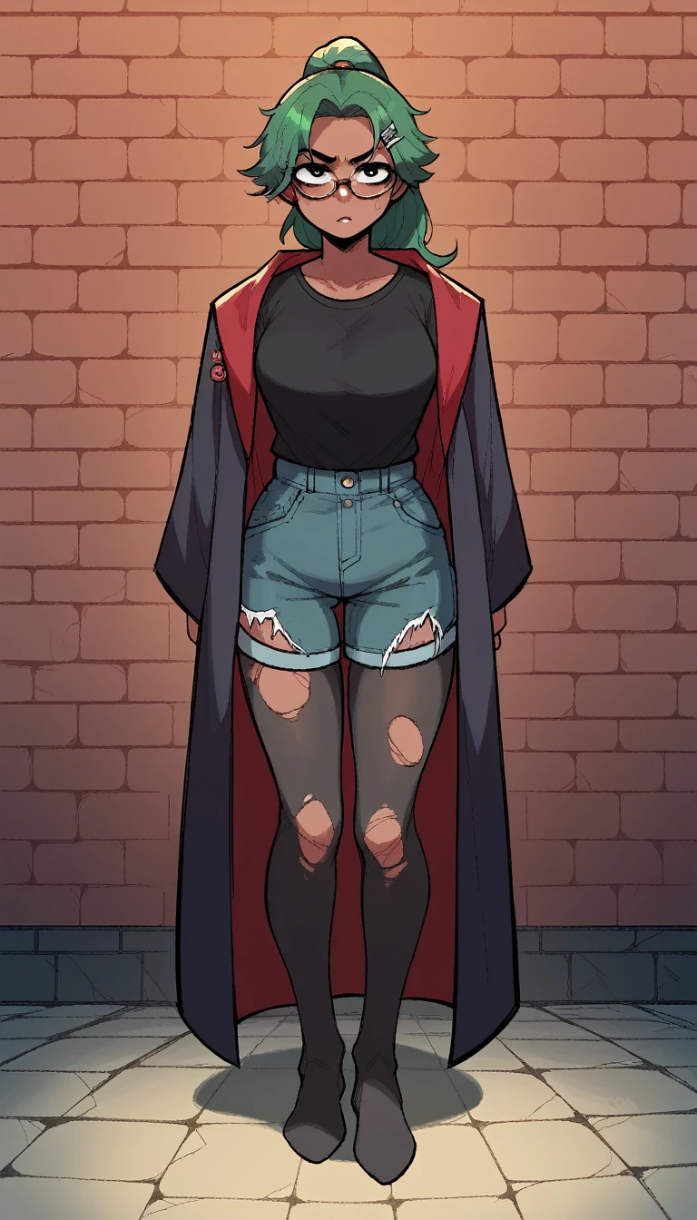 bright green hair, and a ponytail standing in front of a brick wall, glasses, character full body portrait, full body, a character portrait, dark red Hogwarts robe, black shirt, teen female emo art student, black jean shorts, black pantyhose, black hair pins, dark skin, torn black shirt, full body character portrait, inspired by Taiyō Matsumoto