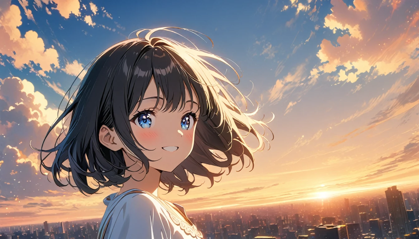 1girl, solo, blue eyes, (detailed eyes), gentle smile on her face flat chest, short hair, black hair, masterpiece, best quality, movie stills, 1 girl, cloud girl, floating in the sky, closure, bright, happy, Warm and soft lighting, Sunset, (spark:0.7)