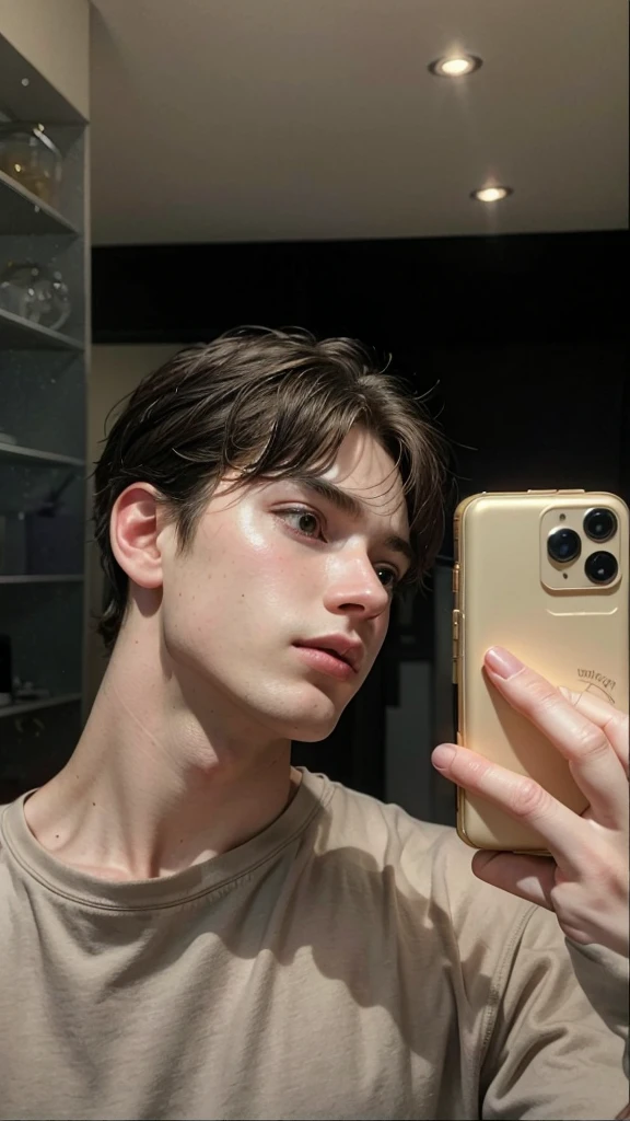 a beautiful man in his room, detailed face and eyes, long eyelashes, golden hair, sunlight, warm atmosphere, highly detailed, photorealistic, 8k, masterpiece, intricate details, vibrant colors, natural lighting, cinematic composition, dreamy mood, ethereal quality
