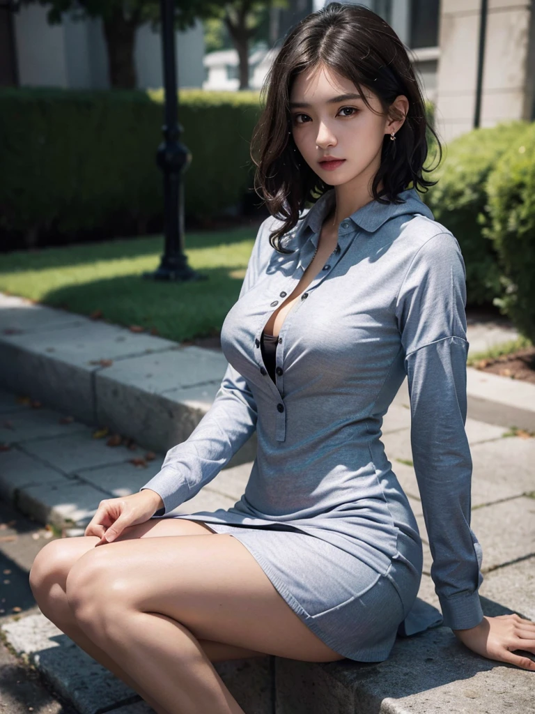 absurdres, RAW photo, extremely delicate and beautiful, masterpiece, Best Quality, ultra high resolution, 32k, hyperrealistic, ultra-detailed, perfect anatomy, perfect figure, super Detailed skin, Very detailed CG 8k wallpaper, in her 20s, very Slim body, narrow waist, very small head, very small face, delicate features, tearful mole, earring, thin legs, (very huge round breasts:1.2), full body shot, (1 girls:1.2), short hair, (wavy hair:1.2), (Hoodie Jacket:1.1), (collared dress shirt:1.4), short pencil skirt, wet clothes,
