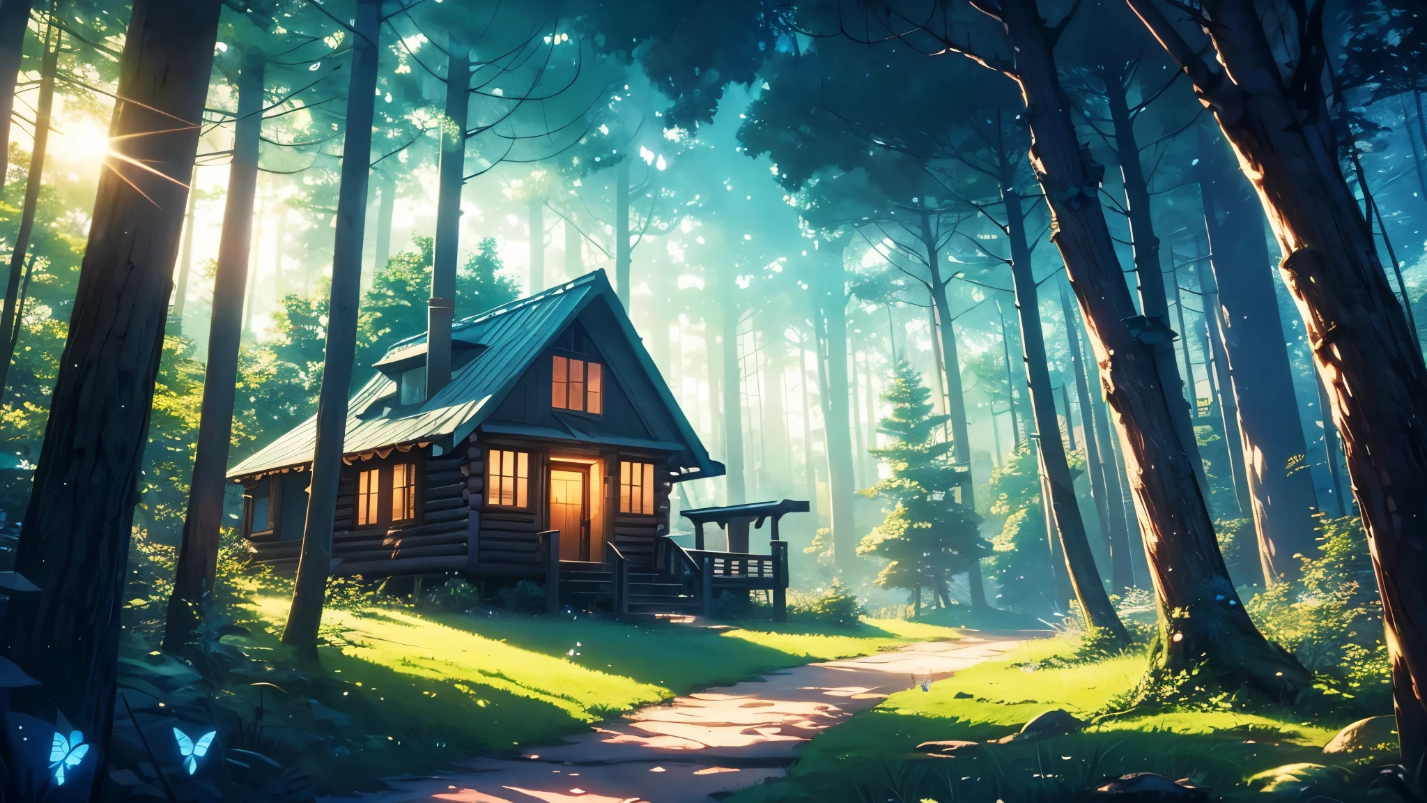 a cabin in a magical forest in surreal anime style for ambient music cover. n sunset and glass butterflies float across the scene. Smooth and ethereal animation style, reminiscent of the works of Hayao Miyazaki mixed with the surrealism of &#39;Paprika&#39;. Soft and dreamlike color palette: deep blues, soft greens and delicate pinks. The general atmosphere is serene and mystical. Composition that invites the viewer to immerse themselves in this dream world