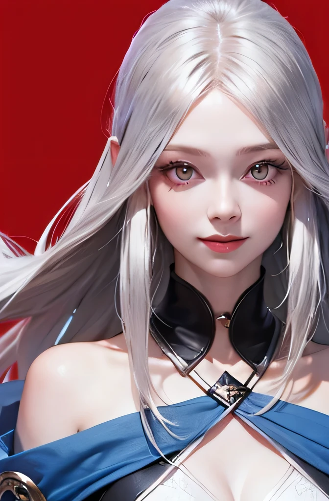 (8K),(high resolution),(high quality),whole body,,,,,,1 Girl、anime painting、Natural Proportions、smile、White skin、(Long silver hair)、Beautiful red eyes、Blue background,,,,,,,,,,,,