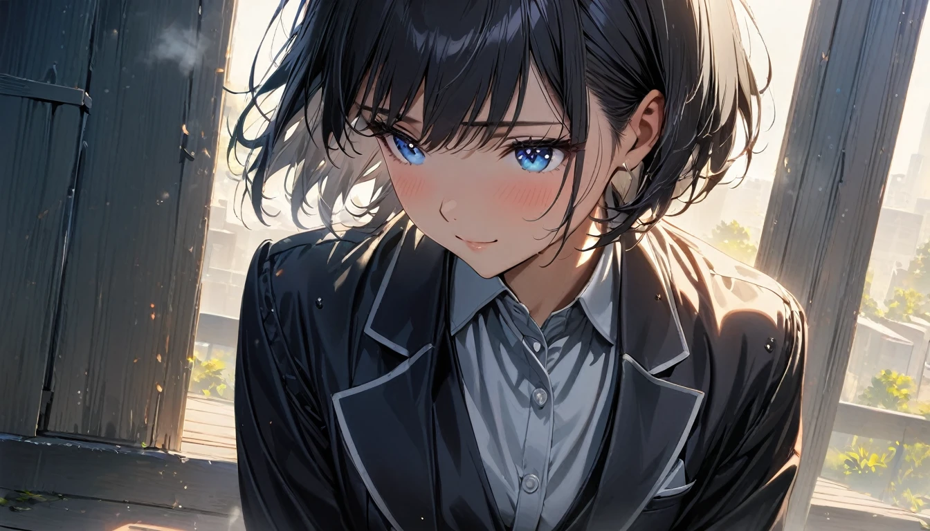 1girl, solo, blue eyes, (detailed eyes), gentle smile on her face flat chest, short hair, black hair, (masterpiece), (masterpiece), (best quality), (ultra-detailed), (best illustration), (best shadow), (absurdres), Female, 25 years old, oily, steam, shy, light smile, formal clothes, school clothes