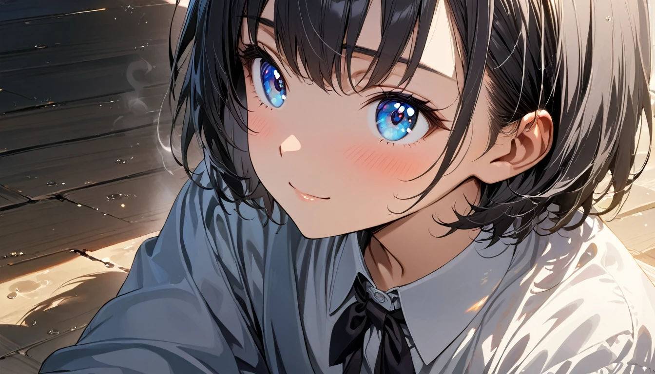 1girl, solo, blue eyes, (detailed eyes), gentle smile on her face flat chest, short hair, black hair, (masterpiece), (masterpiece), (best quality), (ultra-detailed), (best illustration), (best shadow), (absurdres), Female, 25 years old, oily, steam, shy, light smile, formal clothes, school clothes