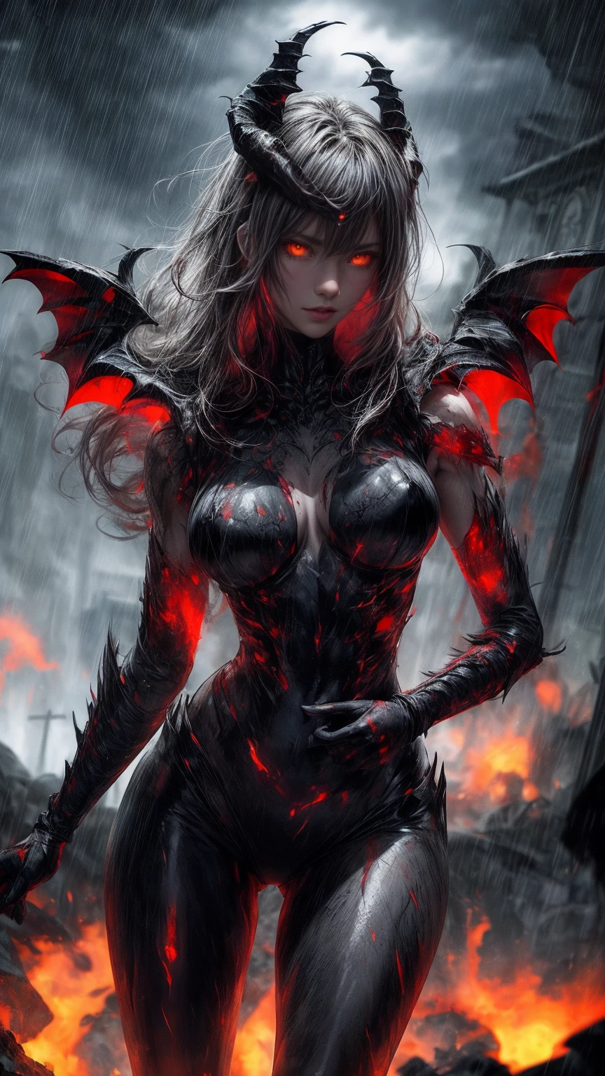 Cinematic effects, raining blood, from below, masterpiece, highest quality, queen, perfect demoness, long legs, hourglass figure, curvy hips, perfect eyes, detailed eyes (1.4), slashed up body, cuts and deep wound on body, scars on face, villainous expression, flaming skin body with bioluminescent glowing pattern, ready for battle, blurred stormy background, dark atmosphere, lighting in background,full body,