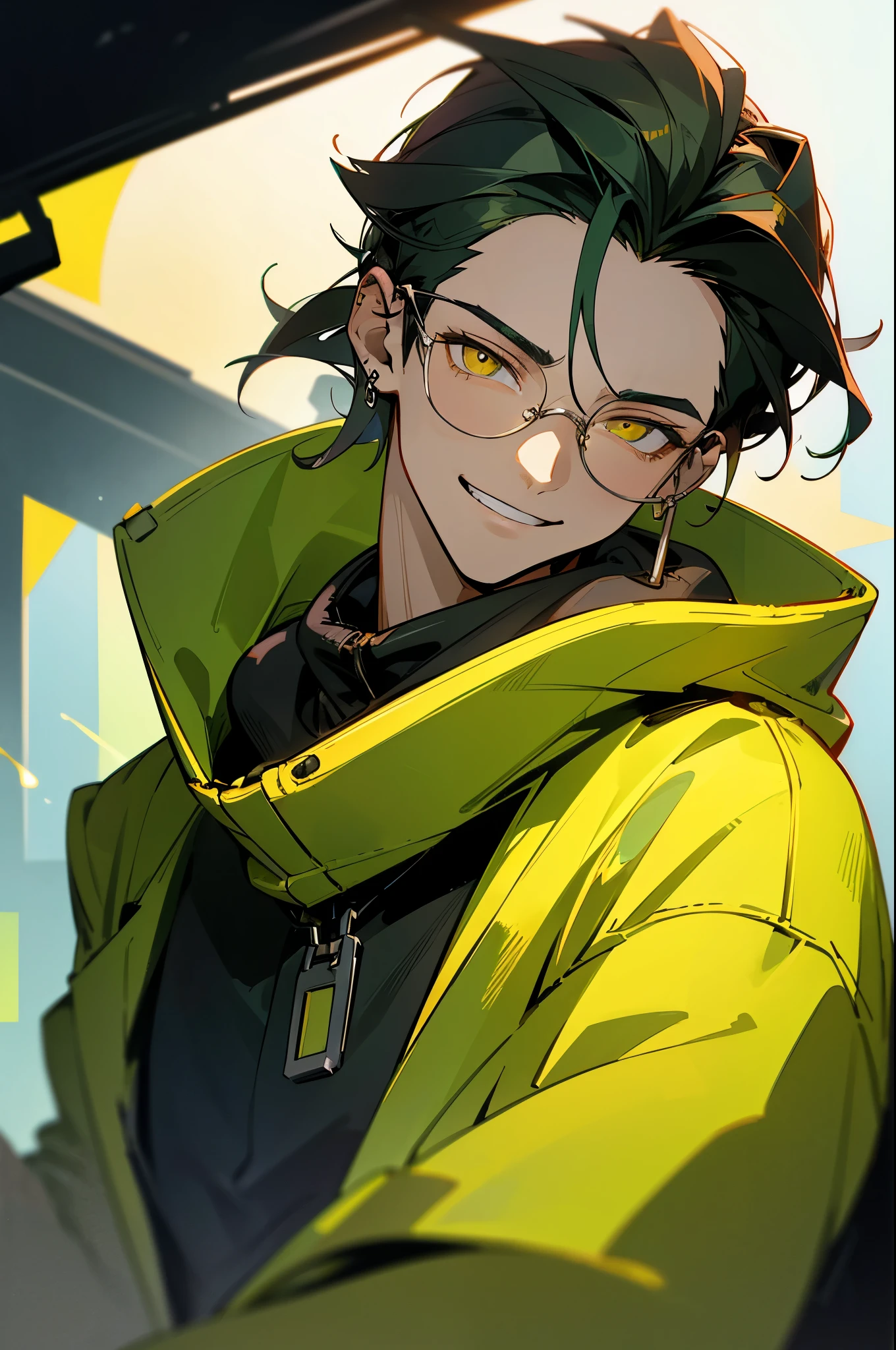 Portrait of a Man, A young, 19 years, Happy, with piercing eyes, Detailed Face, High Details, photographic, dark studio, rim light, airpods in airs, tinted glasses, yellow eyes, green multi-colored jacket, smirking, portals in the background, cowboy shot, upper body