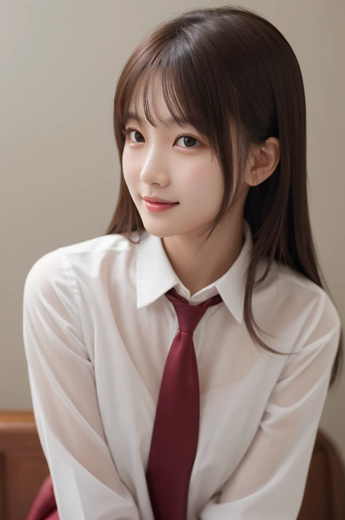 Best quality, masterpiece, ultra high res, (photorealistic:1.5), raw photo, 1girl, Official art, Raw photo, White dress shirts, Pretty Face, close up, Upper body, violaceaess, Beautiful Girl,Look at me and smile,Cinch West, thighs, Looking at Viewer, No makeup, (Smile:0.4), Film grain, chromatic abberation, Sharp Focus, face lights, clear lighting, , Detailed face, Bokeh background, (dark red necktie:1.1),