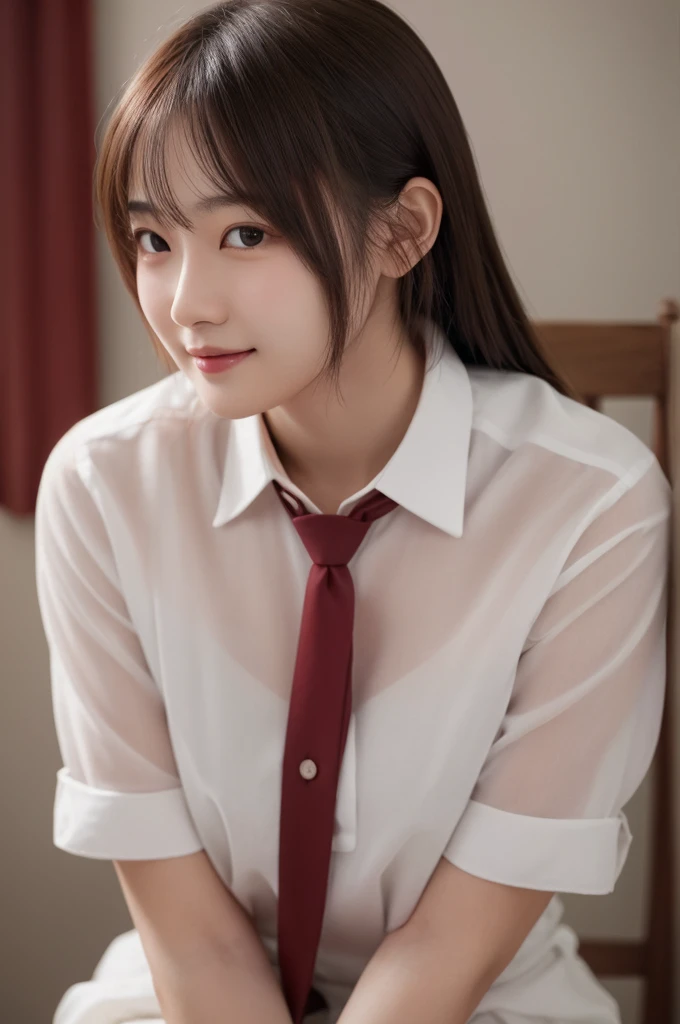 Best quality, masterpiece, ultra high res, (photorealistic:1.5), raw photo, 1girl, Official art, Raw photo,  White dress shirts, Pretty Face, close up, Upper body, violaceaess,  Beautiful Girl,Look at me and smile,Cinch West, thighs, Looking at Viewer, No makeup, (Smile:0.4), Film grain, chromatic abberation, Sharp Focus, face lights, clear lighting, Teen, Detailed face, Bokeh background, (dark red necktie:1.1),