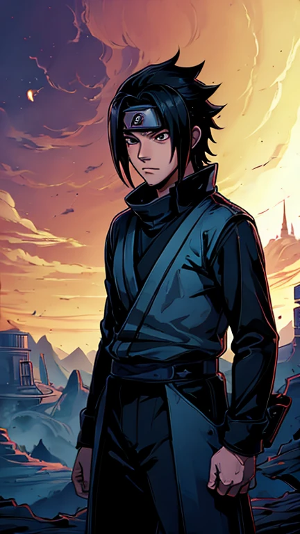 (Teens:1boy: uchiha sasuke,Star Wars), (extremely detailed CG unit 8k wallpaper),(master part), (best quality), (ultra detali), (best illustration),(melhor ombre), cowboy shot, (Sharp eyeliner, ombre, detailedeyes:1), Konoha Village background, ,break , (star15escola:1.2), hair ornament,short hair ,black hair,