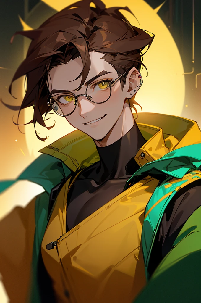 Portrait of a Man, A young, 19 years, Happy, with piercing eyes, Detailed Face, High Details, photographic, dark studio, rim light, airpods in airs, tinted glasses, yellow eyes, green multi-colored jacket, smirking, portals in the background, cowboy shot, upper body, brown hair