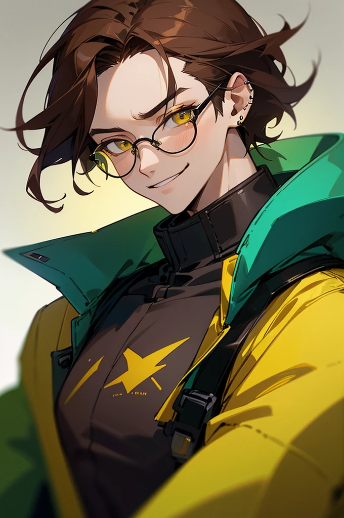 Portrait of a Man, A young, 19 years, Happy, with piercing eyes, Detailed Face, High Details, photographic, dark studio, rim light, airpods in airs, tinted glasses, yellow eyes, green multi-colored jacket, smirking, portals in the background, cowboy shot, upper body, brown hair