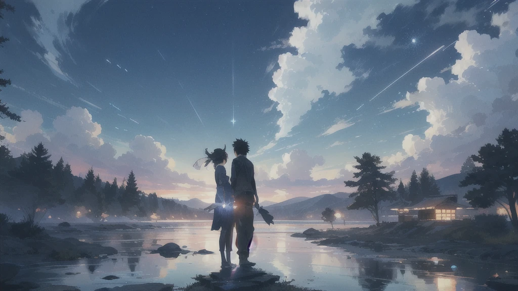真っ暗なnight空,Octane, star (null), scenery, Blue parakeet,The acoustic guitar is in front of the body.,star, night, A girl and a boy back to back, Back view, 座ってる,Outdoor, city,Blue parakeet,building, cloud, 天のriver,silhouette
