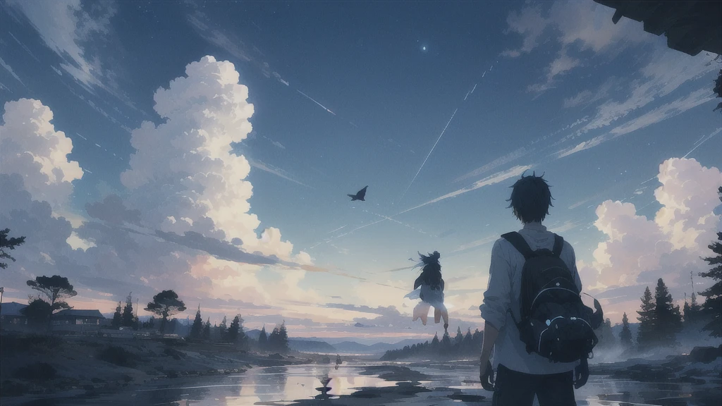 真っ暗なnight空,Octane, star (null), scenery, Blue parakeet,The acoustic guitar is in front of the body.,star, night, A girl and a boy back to back, Back view, 座ってる,Outdoor, city,Blue parakeet,building, cloud, 天のriver,silhouette