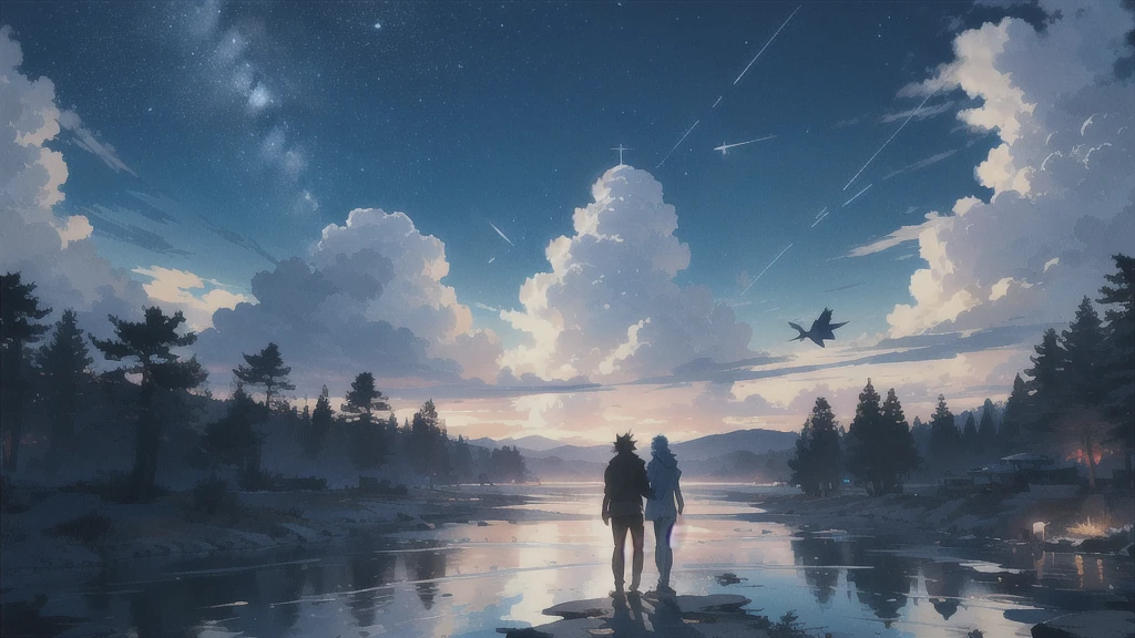 真っ暗なnight空,Octane, star (null), scenery, Blue parakeet,The acoustic guitar is in front of the body.,star, night, A girl and a boy back to back, Back view, 座ってる,Outdoor, city,Blue parakeet,building, cloud, 天のriver,silhouette