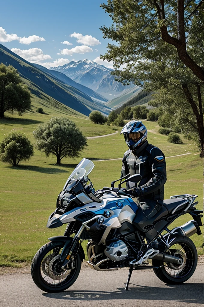 Image of a young man who is traveling with his BMW GS 1250 motorcycle through a beautiful landscape