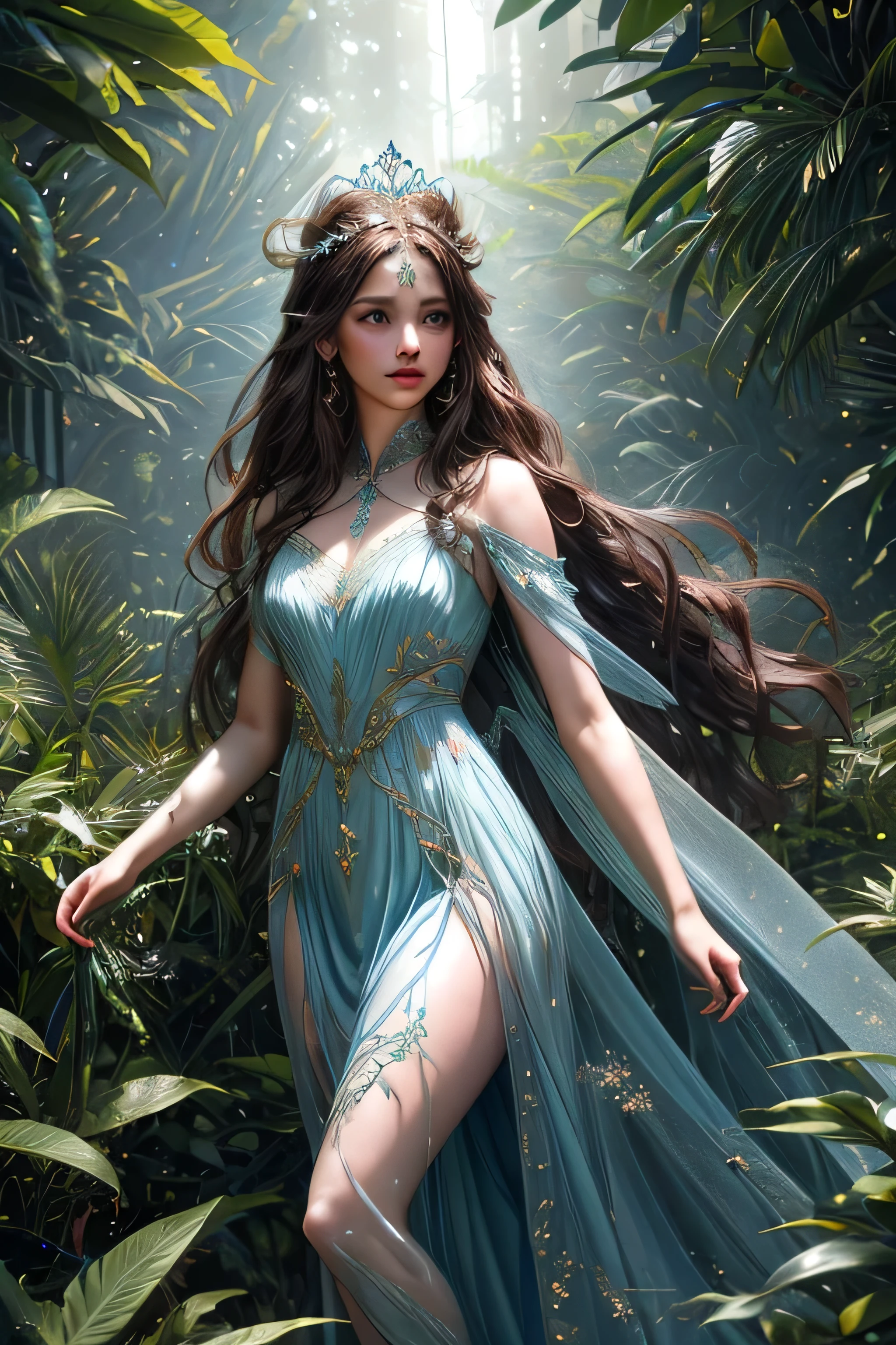 A fairy women wear long milk blue dress, beautiful face, long fairy ears, long brown hair, branch tiara, walk away at the fairy jungle that have neon glow plants, ray of light, morning vibes, high class fashion, a lot of detail, ornaments, cinematic lighting, medium shot 50mm, half body angle, masterpiece, ultra detailed, hyper realistic, ultra hd, 8k