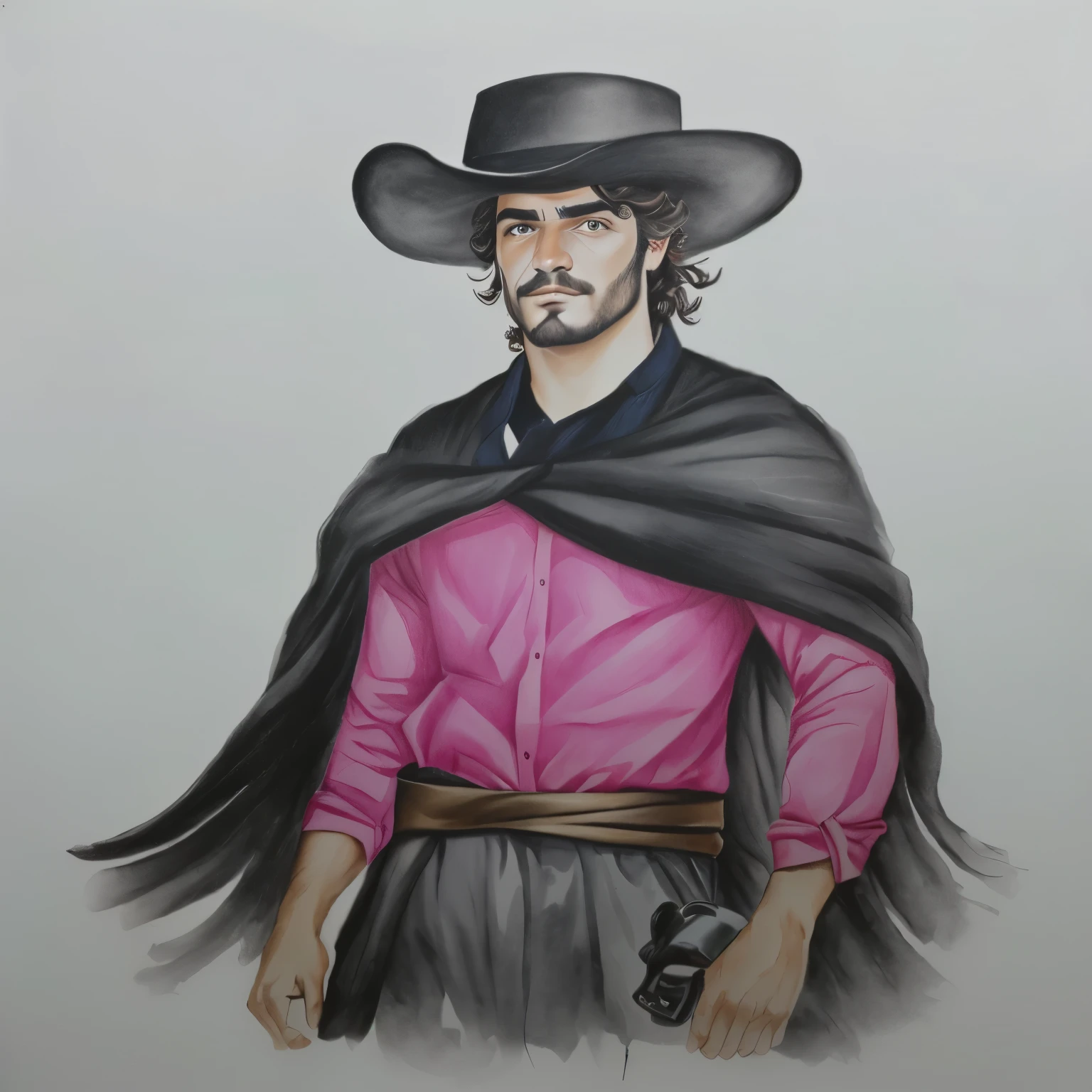 um desenho de um homem com um chapéu de preto native gaucho e uma camisa vermela e pele clara inspirado em Germán Londoño, inspired by Agustín Fernández, inspired by Toros Roslin, inspired by Alonso Vázquez, inspired by Pedro Álvarez Castelló, a portrait of the character, native gaucho