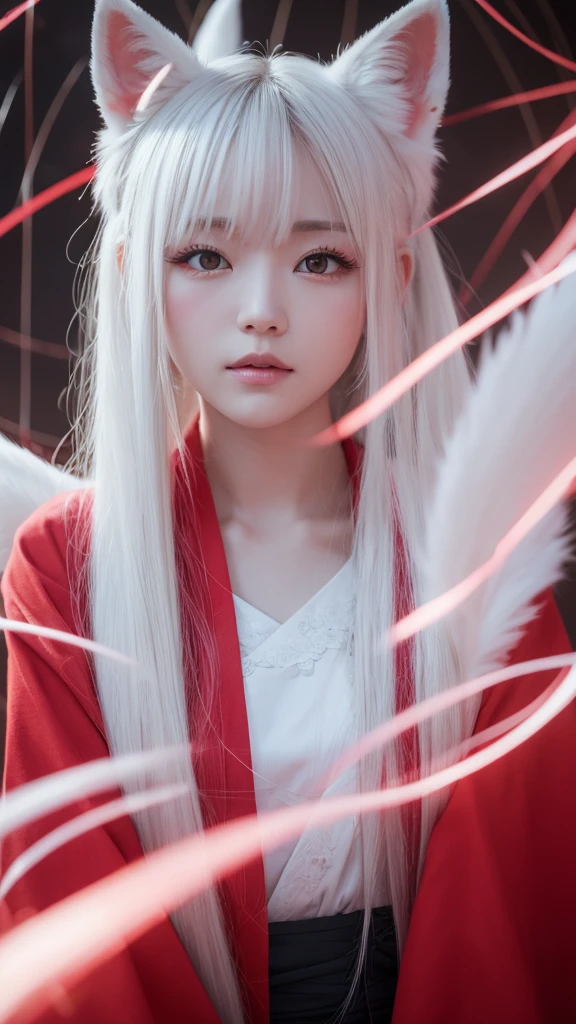 White Demon Fox、Nine-tailed Fox、Japanese women、kimono、Fair skin、Red lines on face、8K、I have long hair