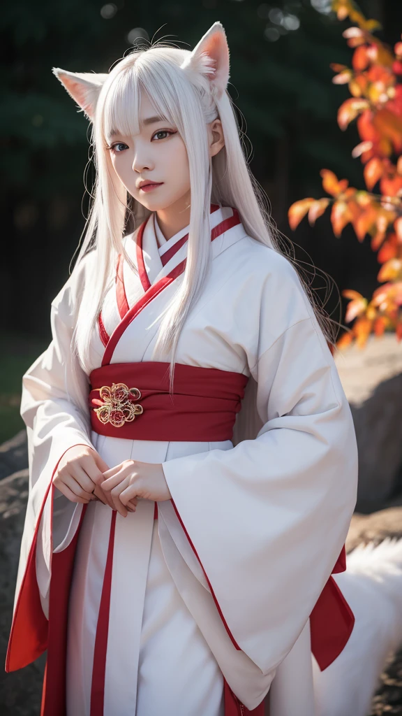 White Demon Fox、Nine-tailed Fox、Japanese women、kimono、Fair skin、Red lines on face、8K、I have long hair
