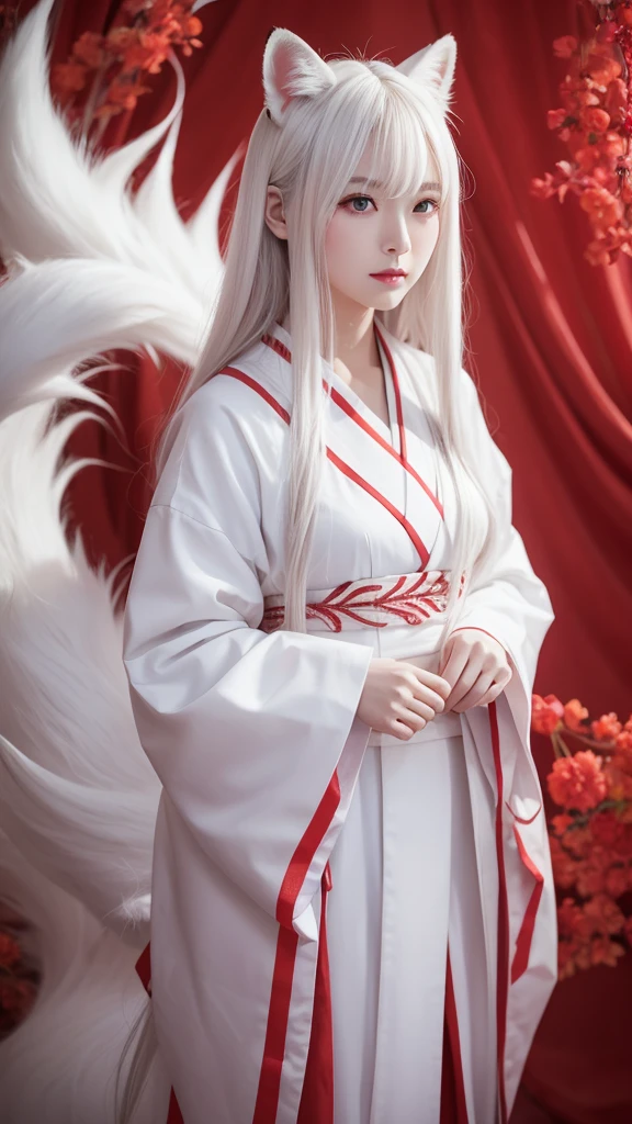 White Demon Fox、Nine-tailed Fox、Japanese women、kimono、Fair skin、Red lines on face、8K、I have long hair